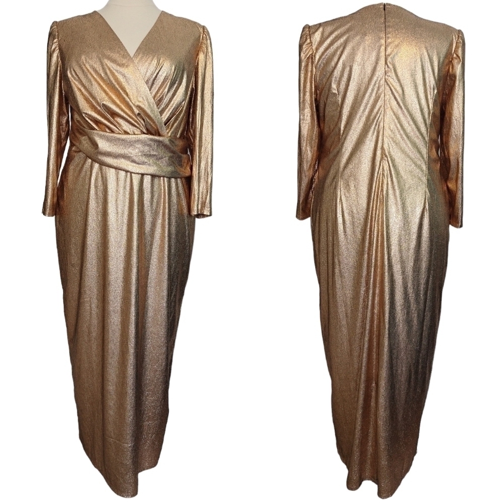 Eloquii Studio NWT Gold Metallic Surplice Neck Front Band Maxi Dress Cocktail